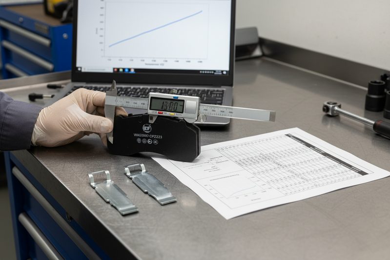 技术图表和测功机测试报告图,显示陶瓷刹车片在整个温度范围内的摩擦系数稳定性。