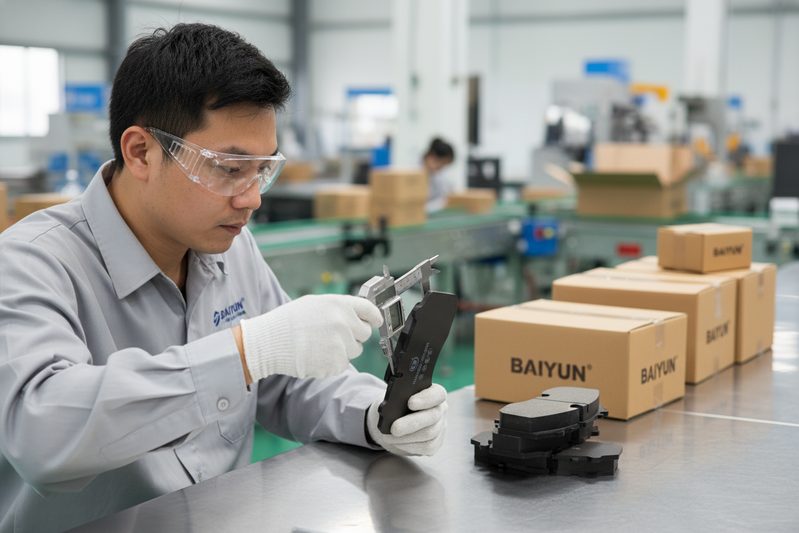 白云制动/刹车片工厂技术员正在对一批包装好的陶瓷刹车片进行最终质量检查。