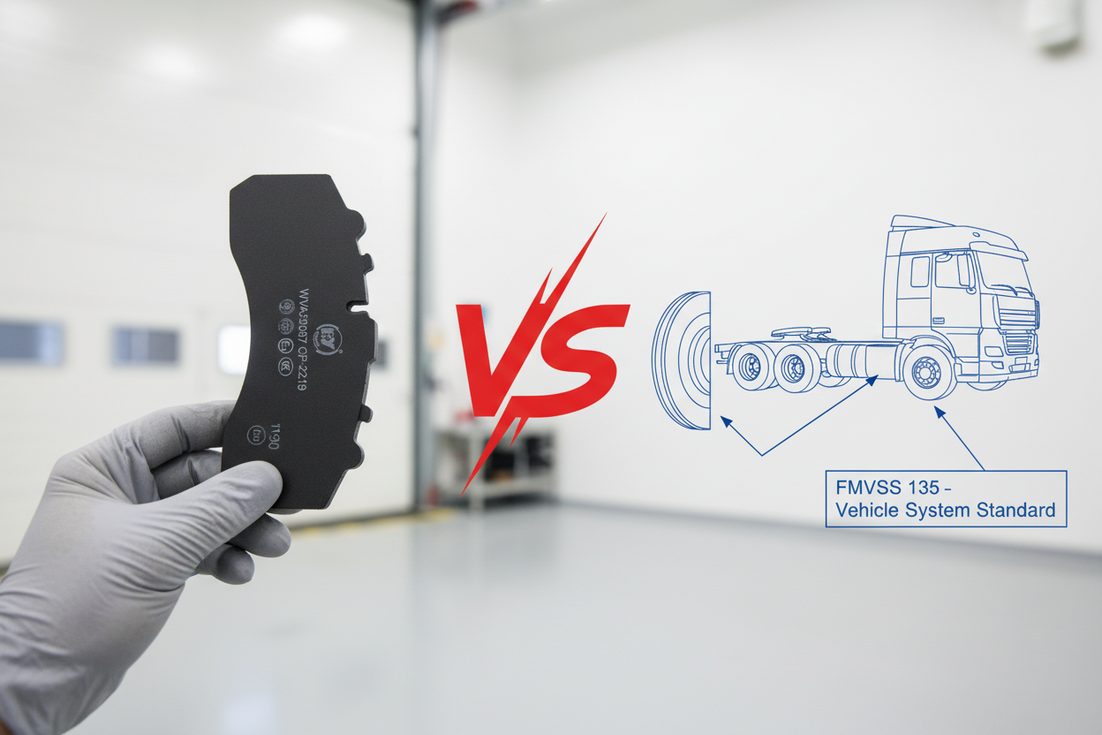 ECE R90 刹车片认证标记显示在高质量陶瓷刹车片旁,旁边是 FMVSS 135 车辆示意图,突出监管差异。