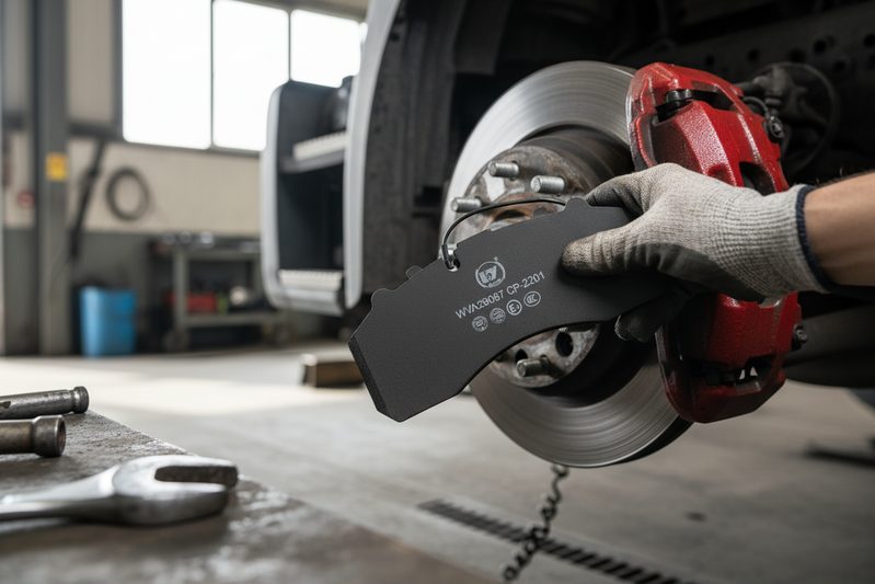 带有磨损传感器和倒角边缘的重型卡车盘式刹车片特写