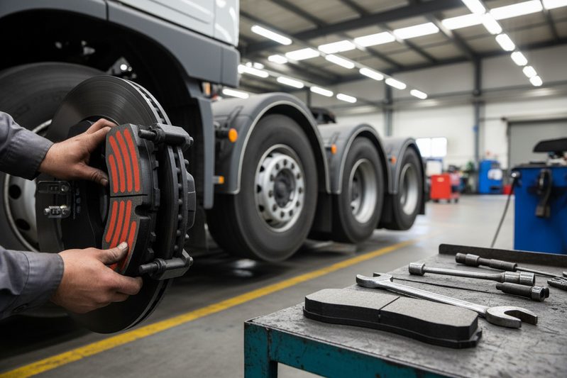 重型刹车片摩擦材料和背板特写,显示用于散热的倒角和开槽。
