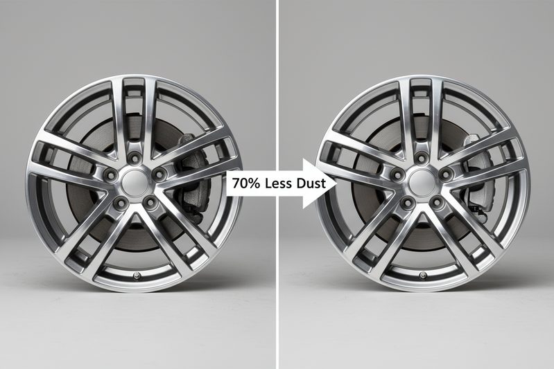 陶瓷与金属刹车片轮毂清洁度特写对比,突出显示粉尘减少。