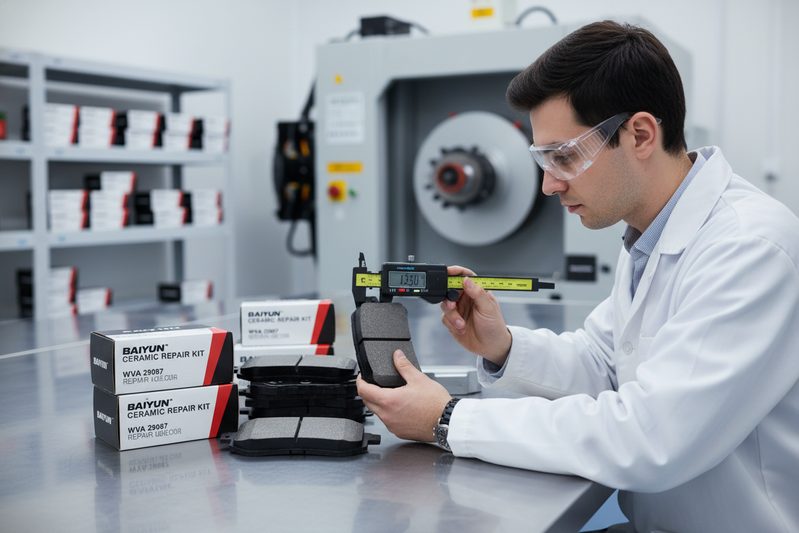 白云制动/刹车片工程师在认证质量控制实验室检查陶瓷刹车片配方。