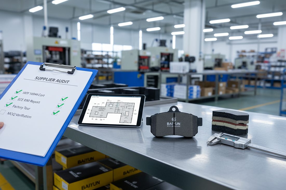 工厂审核期间评估中国刹车片制造商的关键步骤,显示检查清单和刹车片组件。