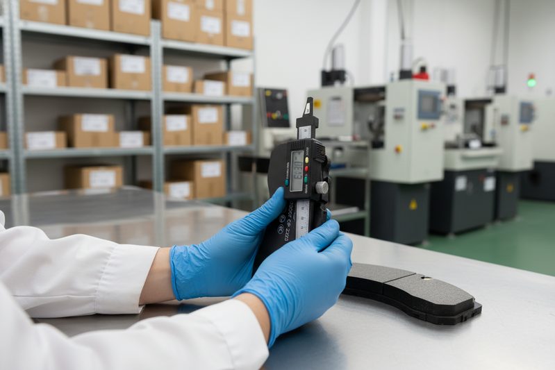 近距离检查刹车片摩擦材料和背板,以评估中国制造商的质量控制。