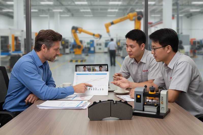 国际买家与中国刹车片工厂工程师之间的专业会议,以评估供应商能力。