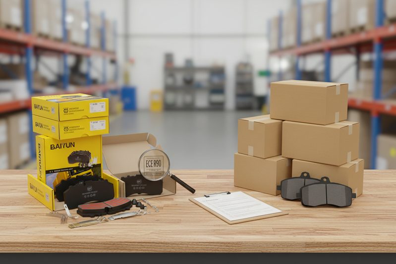 包装好的认证ECE R90刹车片与未认证刹车片的并排对比,强调正确标签对进口商的重要性。