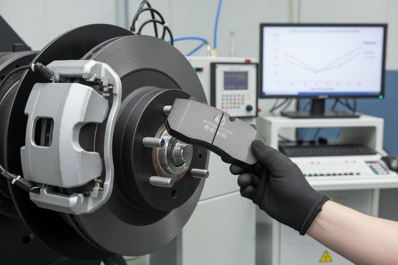 显示陶瓷和半金属刹车片材料摩擦系数与温度关系的图表