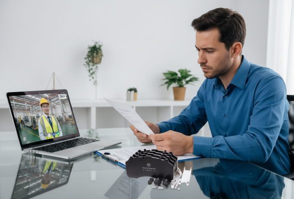 Professional evaluating a Chinese brake pad manufacturer's IATF 16949 certificate and quality documents on a desk.