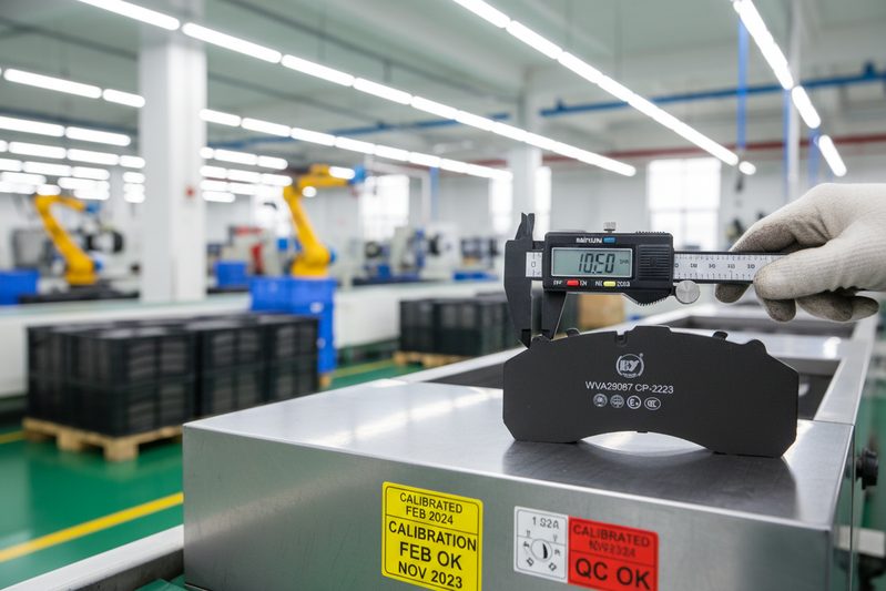 刹车片工厂生产线的特写视图，可见经过校准的测量设备，表明真实的IATF 16949流程。