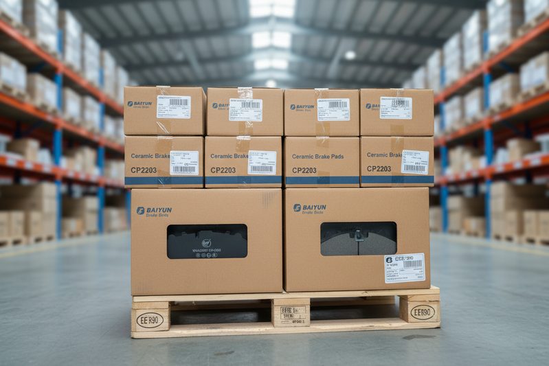 白云制动/刹车片陶瓷刹车片包装待出口,显示面向全球市场的ECE R90认证标记。