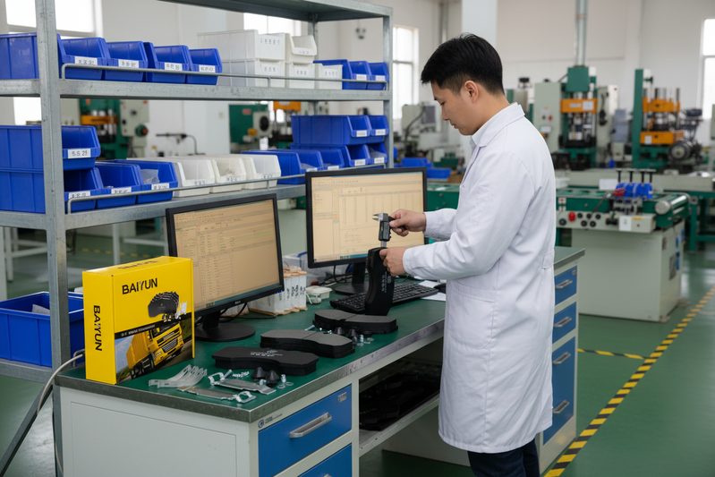 工程师在中国工厂审核中使用测量工具检查刹车片质量