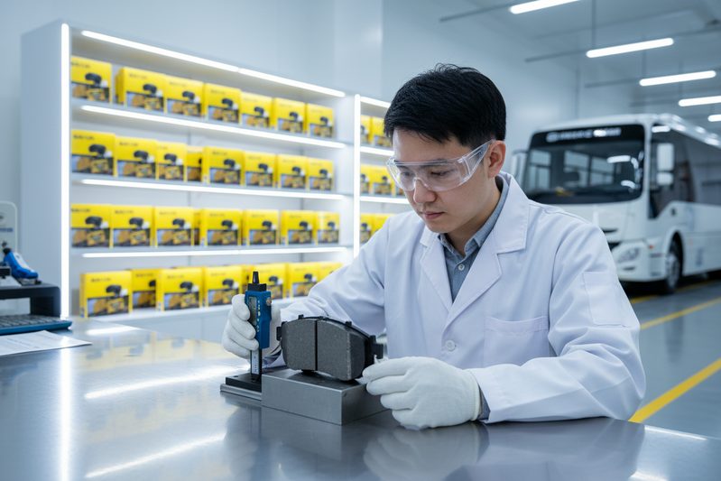 白云制动/刹车片工程师在质量控制实验室检查一批电动汽车专用刹车片。