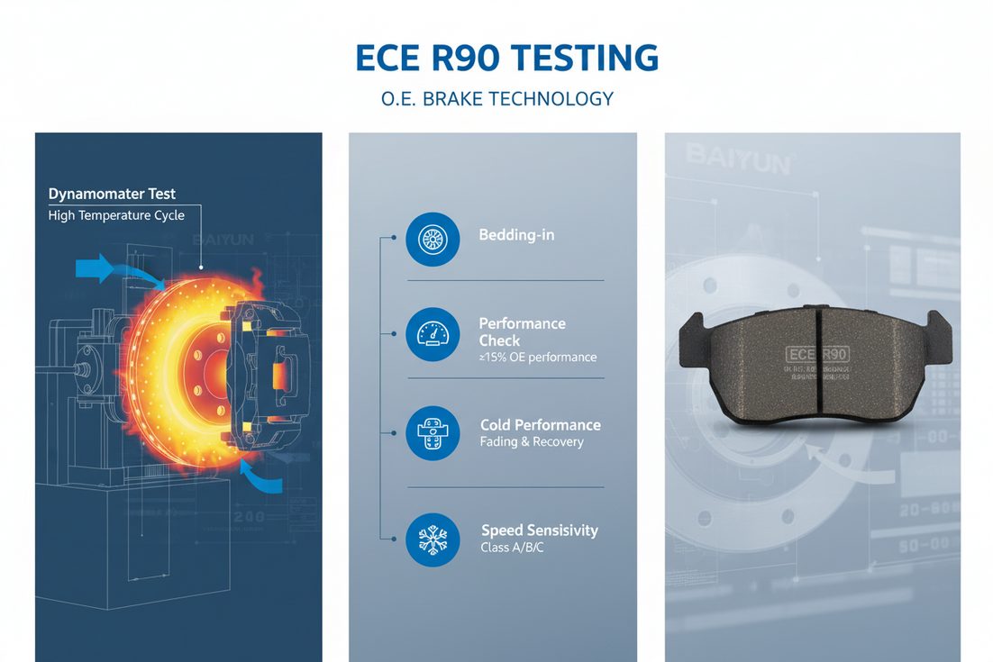 ECE R90刹车片认证测试流程示意图，显示测功机和车辆测试
