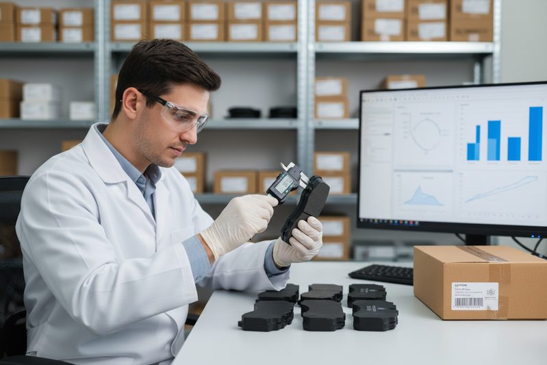 白云制动/刹车片工程师在质量控制实验室检查一批电动汽车专用刹车片。