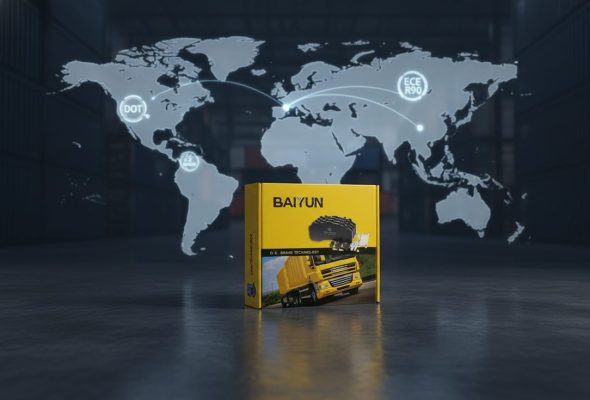 Global brake pad certification map for exporters with DOT ECE R90 JASO standards illustrated