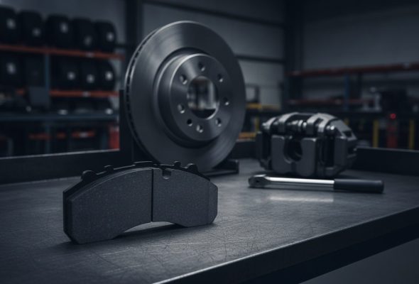 Sinotruk HOWO brake pad guide – heavy-duty commercial vehicle brake pad set displayed on workbench