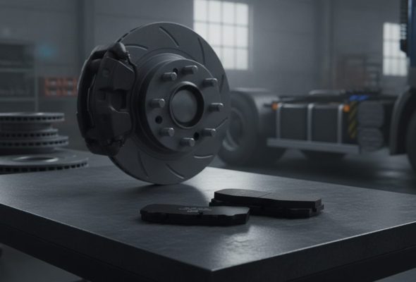 What role are suppliers playing in electric truck development? Meritor answers that and more - BAIYUN Brake commercial vehicle brake pad on a workshop table with heavy-duty truck brake system background