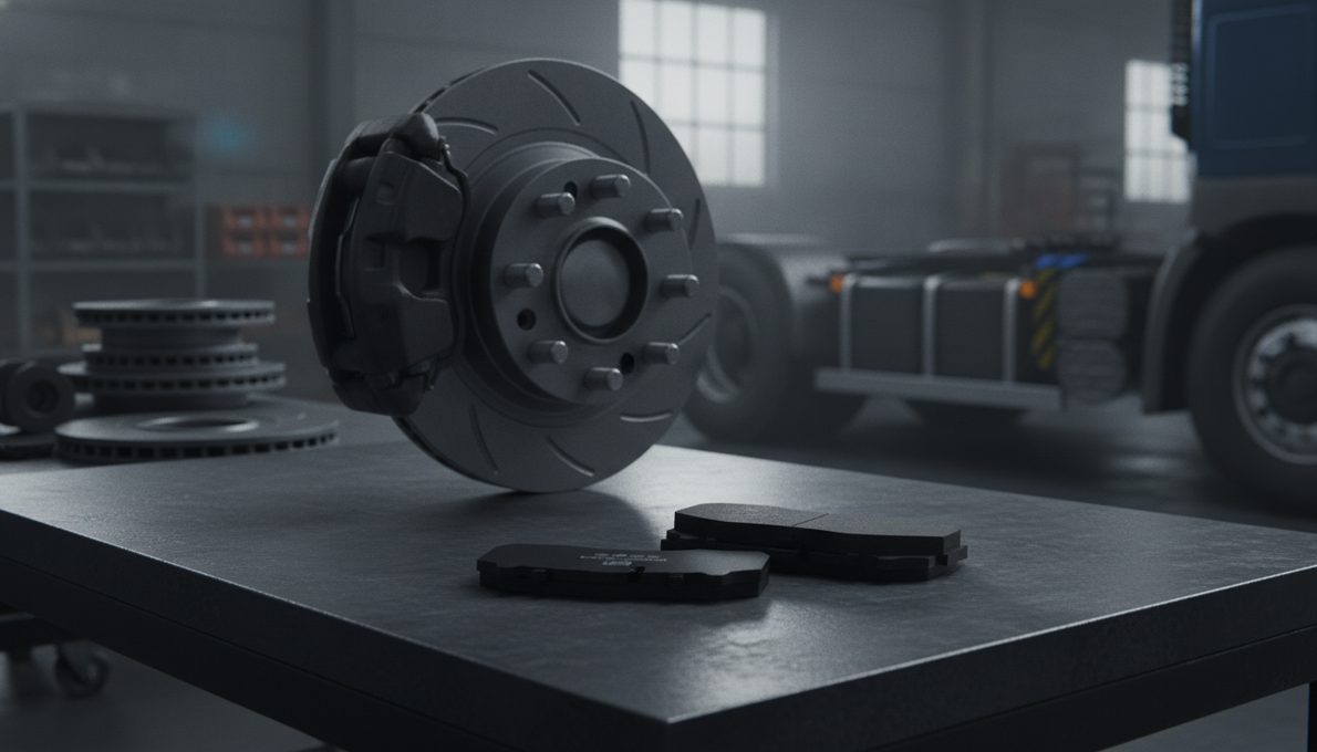 供应商在电动卡车开发中扮演什么角色?Meritor 给出了答案及更多内容 - 白云制动/刹车片商用车刹车片放在车间桌子上,背景是重型卡车制动系统
