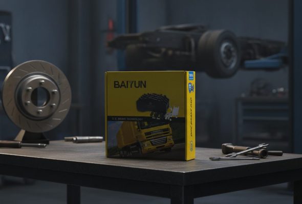 Semi-metallic brake pads manufacturer repair kit box and heavy-duty truck components on workbench